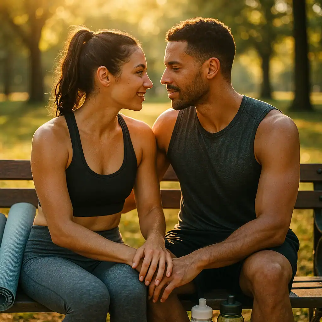 Man and woman lovingly stare at each other on a park bench