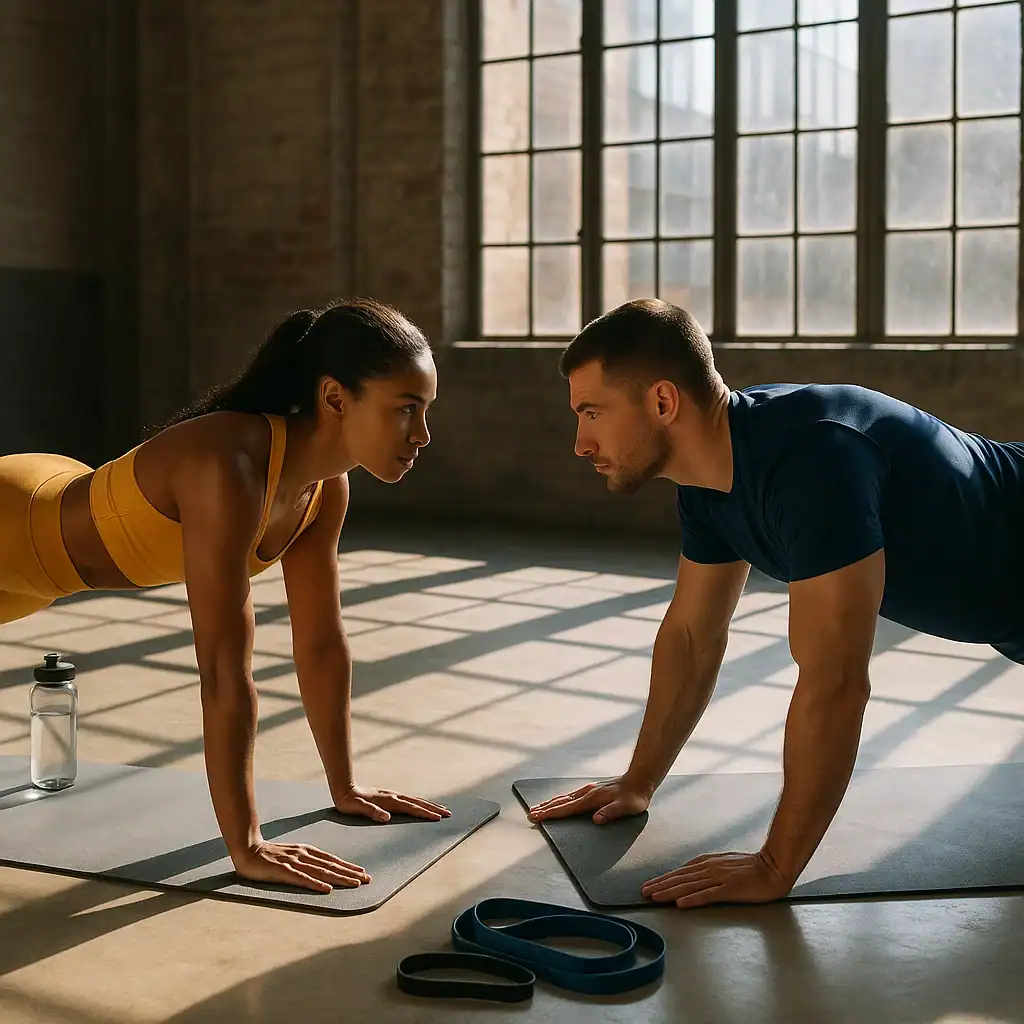Man and woman holding plank together